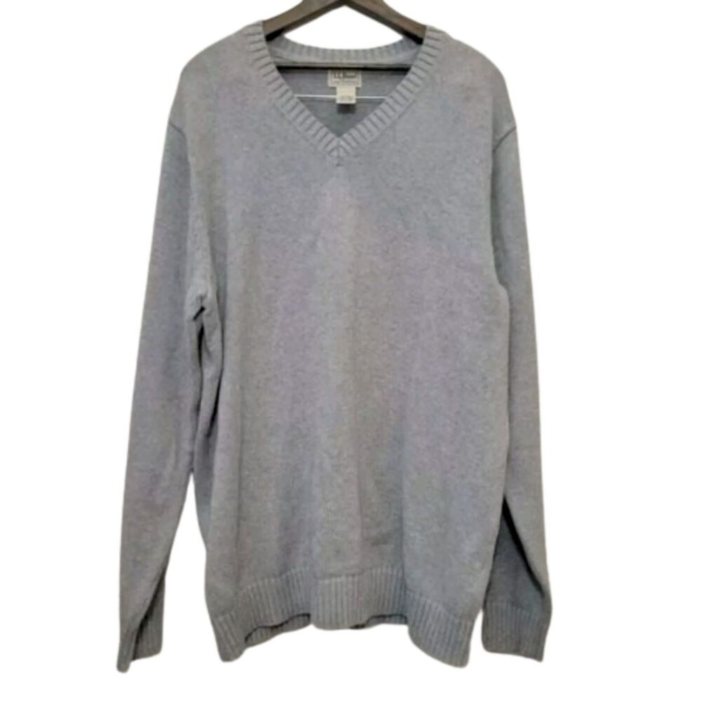 LL Bean V Neck Knit Sweater Mens XLT 100% Cotton Long Sleeve Pullover Gray
